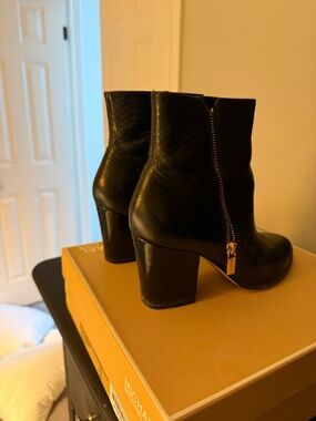 Michael Kors Black Leather Block Heel Ankle Boots with Gold Zip Accent